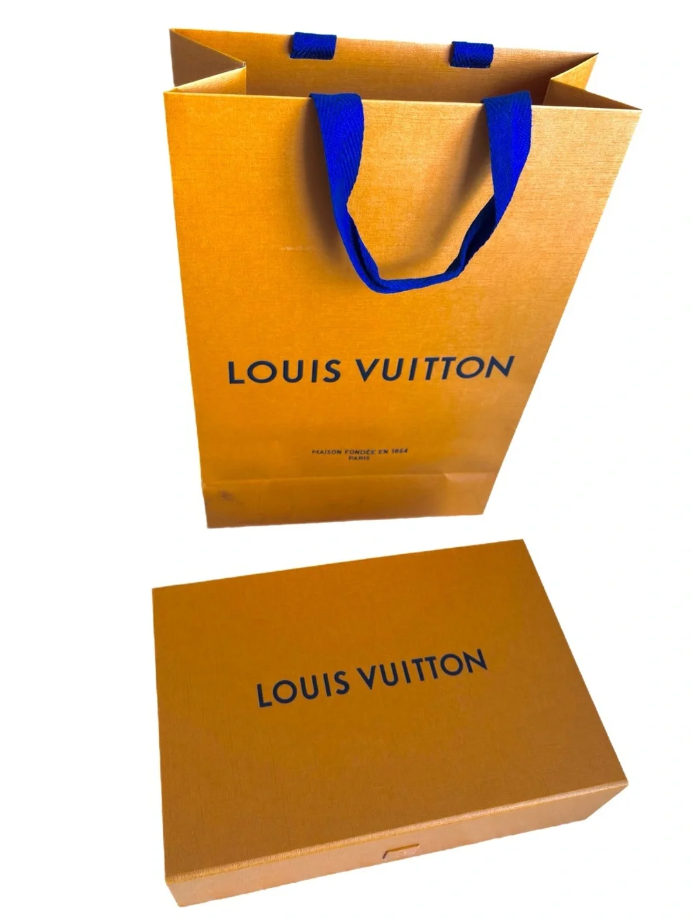 Louis Vuitton LV Orange Magnetic Gift Box and Shopping Bag w/Blue Ribbon Handles